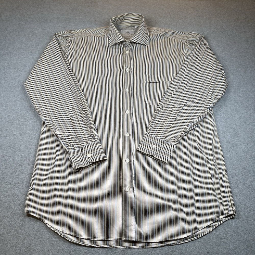Luciano Barbera Mens L/16-16.5 100% Cotton Sport Shirt Brown Blue‎ Stripe Italy